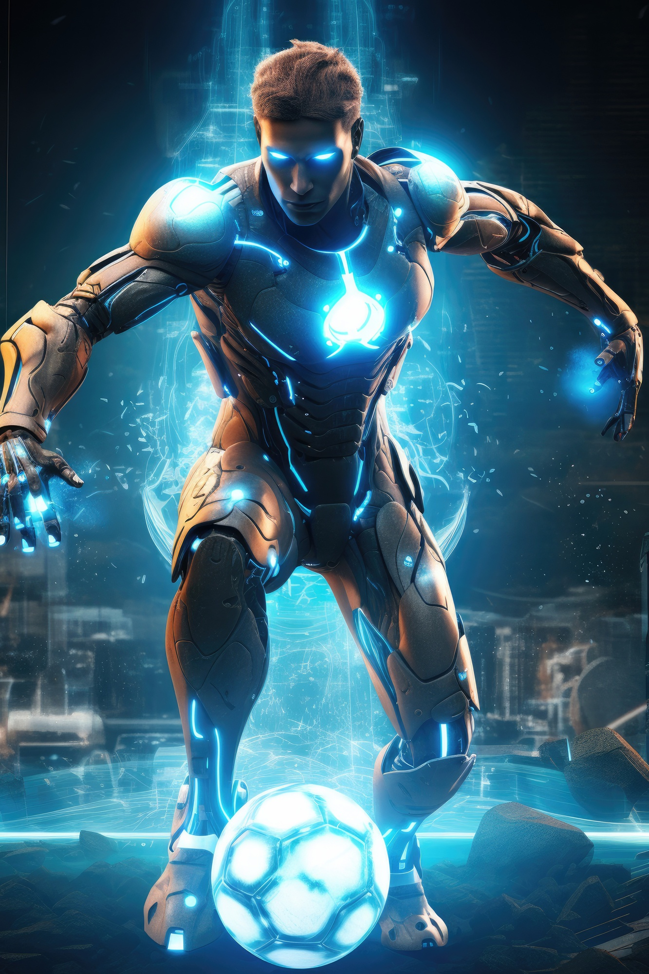 Futuristic Soccer Player in Glowing Exosuit Armor