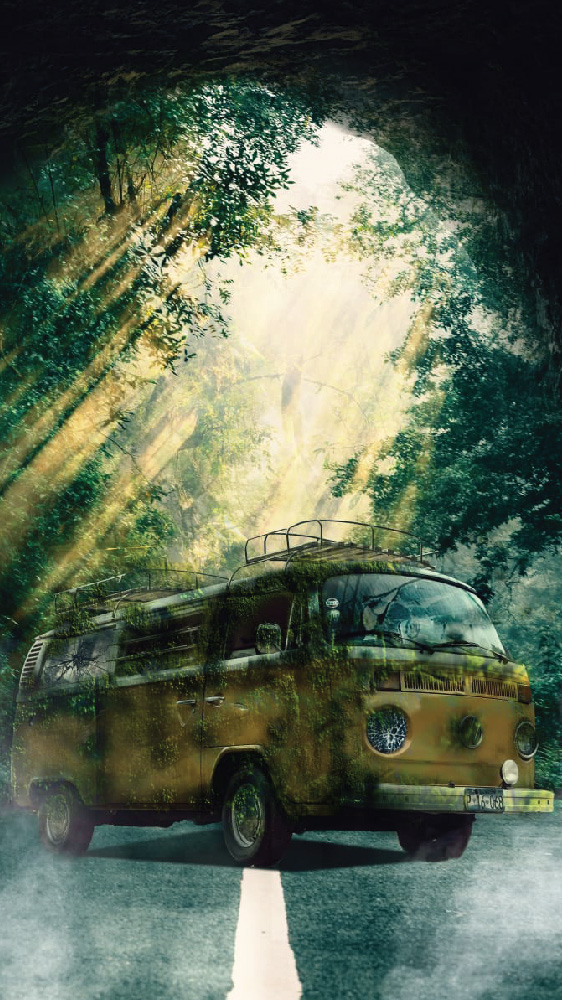 Abandoned Van on Forest Road with Sunlight