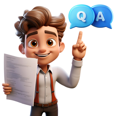 3D Cartoon Man Holding Paper, Pointing Up with Q & A Speech Bubbles.